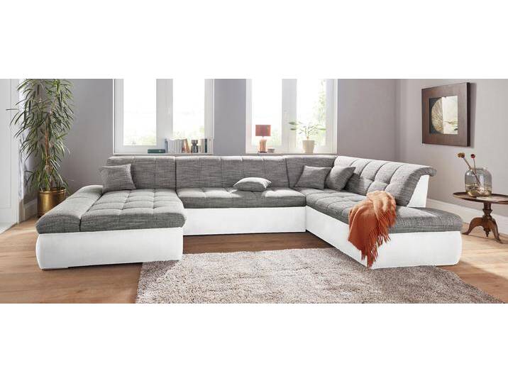 Wohnlandschaft DOMO COLLECTION PB Moric wahlweise mit Bettfunktion und Armteilverstellung U-Form , weiß (weiß, weiß, grau, grau), B:353cm H:80cm T:95cm, Zierkissen: Struktur (90% Polyester, 10% Polyacryl);Microfaser PRIMABELLE (100% Polyester) / Struktur (90% Polyester, 10% Polyacryl);Kunstleder SOFTLUX / Struktur (90% Polyester, 10% Polyacryl), Sofas, XXL-Format B/T/H: 353/216/80 cm, feine Steppung, incl. Zierkissen von Domo-collection