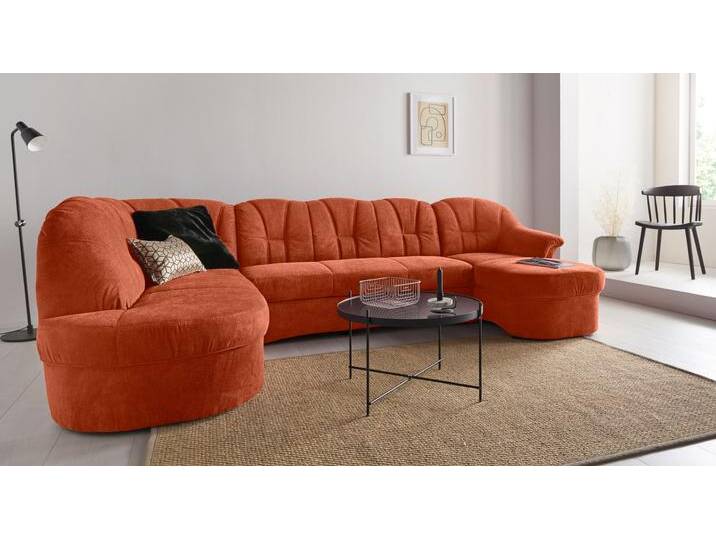 Wohnlandschaft DOMO COLLECTION Papenburg U-Form , orange (terra), B:297cm H:84cm T:180cm, Struktur ( 90% Polyester, 10% Polyacryl), Microfaser PRIMABELLE (100% Polyester), Kunstleder SOFTLUX, Luxus-Microfaser (100% Polyester), Chenille-Optik (95% Polyester, 5% Polyamid), Webstoff (100% Polyester), Sofas, in großer Farbvielfalt, wahlweise Bettfunktion, frei im Raum stellbar von Domo-collection