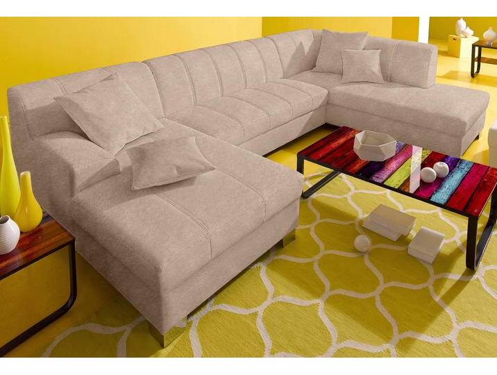 Wohnlandschaft DOMO COLLECTION Turah moderne Steppung, incl. Zierkissen, auch in Leder , beige (natur), B:297cm H:75cm T:82cm, Microfaser PRIMABELLE (100% Polyester), Struktur ( 85% Polyester, 15% Acryl), NaturLEDER (Echtes Rindsleder), Kunstleder SOFTLUX/Struktur ( 100% Polyester), Zierkissen: wie Oberstoff, Sofas, wahlweise mit Bettfunktion, B/T/H: 297/82/75 cm, U-Form von Domo-collection