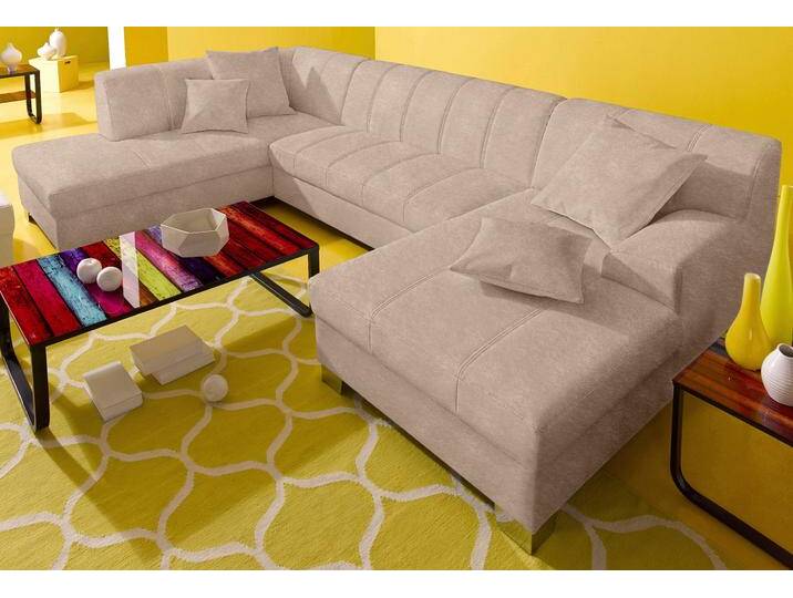 Wohnlandschaft DOMO COLLECTION Turah moderne Steppung, incl. Zierkissen, auch in Leder , beige (natur), B:297cm H:75cm T:82cm, Microfaser PRIMABELLE (100% Polyester), Struktur ( 85% Polyester, 15% Acryl), NaturLEDER (Echtes Rindsleder), Kunstleder SOFTLUX/Struktur ( 100% Polyester), Zierkissen: wie Oberstoff, Sofas, wahlweise mit Bettfunktion, B/T/H: 297/82/75 cm, U-Form von Domo-collection