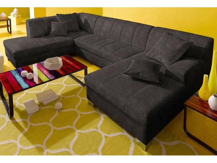 Wohnlandschaft DOMO COLLECTION Turah moderne Steppung, incl. Zierkissen, auch in Leder , grau (anthrazit), B:297cm H:75cm T:82cm, Microfaser PRIMABELLE (100% Polyester), Struktur ( 85% Polyester, 15% Acryl), NaturLEDER (Echtes Rindsleder), Kunstleder SOFTLUX/Struktur ( 100% Polyester), Zierkissen: wie Oberstoff, Sofas, wahlweise mit Bettfunktion, B/T/H: 297/82/75 cm, U-Form von Domo-collection