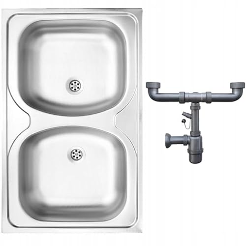 DomoDomo - Einbauspüle 2-beckig mit Abtropffläche - Spüle 80x50 cm - Küchenspüle mit Syphon im Set - Spülbecken mit 2-Zoll-Abfluss - Edelstahlspüle für Küche - Komplett-Set ohne Armatur-Ausschnitt von DomoDomo