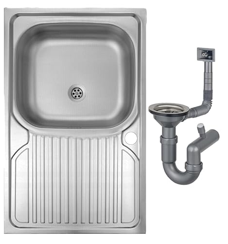 DomoDomo - Spülbecken Edelstahl 80x50 cm mit Abtropffläche – Küchen Spüle 1 Becken Aufsatzspüle inkl. Syphon, langlebige Küchenspüle im Leinen-Dekor von DomoDomo
