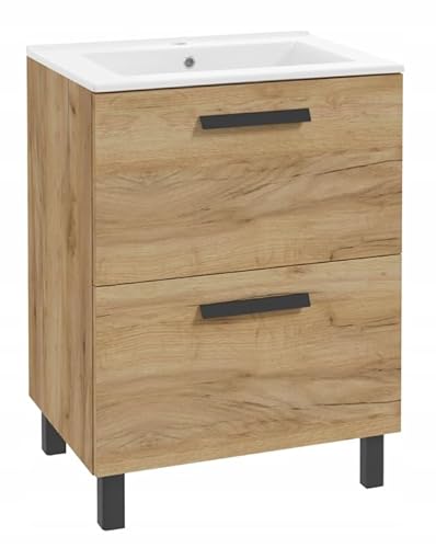 DomoDomo - Waschbeckenunterschrank 60 cm Eiche mit Keramik Waschbecken – Badmöbel Set mit 2 Schubladen Soft Close – Waschtischunterschrank stehend oder wandhängend – Badezimmer Unterschrank Holzoptik von DomoDomo