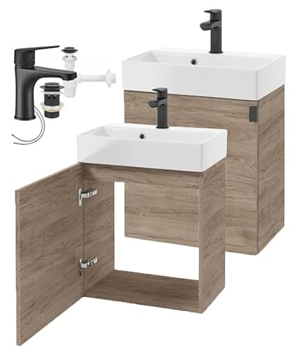 DomoDomo – Waschbeckenunterschrank Hängend 60x50 cm mit Waschbecken & Armatur – Badschrank Montiert, Eiche Dekor Rockford, 30 cm Tief, Soft Close, Komplettset mit Syphon & klick-Klack von DomoDomo