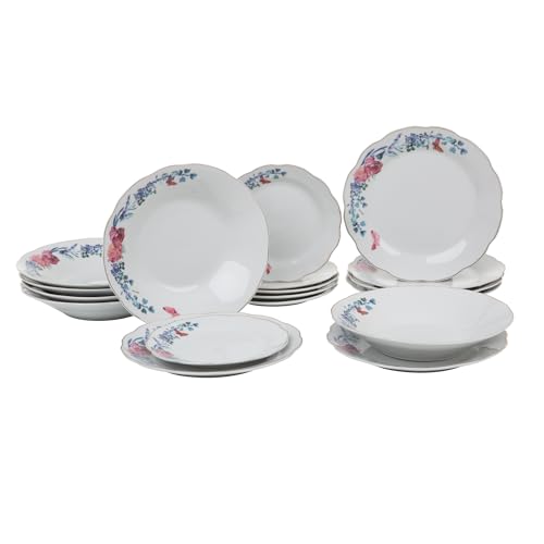 DOMOTTI Tafelservice 6 Personen bunt Clara 18-teilig Porzellanteller mit Blumen gewellter Goldrand klassisch 1 Set von Domotti