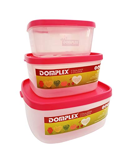 Domplex Conjunto de Fiambreras Cuadriredondas Set mit 3 Frischhaltedosen/Behältern für Lebensmittel, Kunststoff, Polypropylen, sehr langlebig/robust, Deckel, Natur, Rosa, 1 pequeña, 1 petimor, 1 média von Domplex