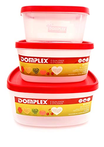 Domplex Conjunto de Fiambreras Cuadriredondas Set mit 3 Frischhaltedosen/Behältern für Lebensmittel, Kunststoff, Polypropylen, sehr langlebig/robust, Deckel, Natur, Rot, 1 pequeña, 1 média, 1 Grande von Domplex