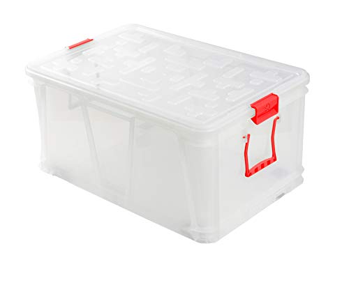 Domplex Mehrzweck-Aufbewahrungsbox aus Polypropylen, mit Deckel, groß, rote Griffe von Domplex