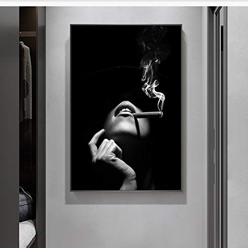 Gemälde Schwarze Kunst rauchende Frau weibliche Leinwand Malerei Poster und Drucke Malerei Wandkunst für Wohnzimmer Wohnkultur 70x100cm / 27,5"x39,4 Innenrahmen von Domrx