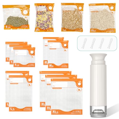15-teiliges Vakuumierer-Set, wiederverwendbare Sous-Vide-Beutel (1 manuelle Pumpe + 20 Beutel + 6 Clips), PA+PE-Material, luftdichte Lebensmittelaufbewahrung für Frische, ideal zum Kochen von Domsanistor