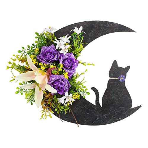 Katzen Mondkränze Blumenkranz Deko zum Aufhängen,Mond Katzenkranz Künstliche Pflanzenhalbmonde Haustür Deko,Ganzjährig Girlande Dekoration,Wanddekoration Halloween Katzen Türkranz (Schwarz, 30cm) von DonDown