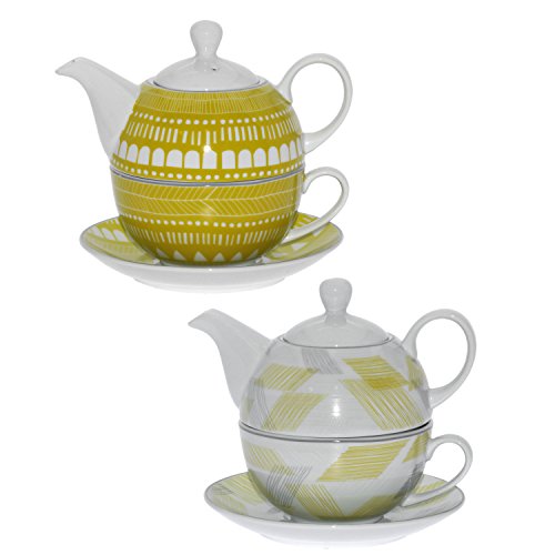 DONREGALOWEB Set mit 2 Tassen mit Teekanne und Untertasse aus Porzellan mit grünen Zeichnungen von DonRegaloWeb