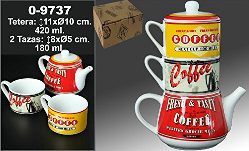 DONREGALOWEB Teekanne mit 2 stapelbaren Keramiktassen, verziert mit Logo Coffee in drei Farben, mit Fassungsvermögen, 420 ml und Tassen mit 180 ml von DonRegaloWeb