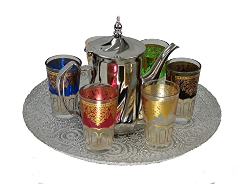 DONREGALOWEB Marokkanisches Teeset mit Tablett, Teekanne und farbigen Gläsern, bunt, 33 cm DIAMETRO von DonRegaloWeb