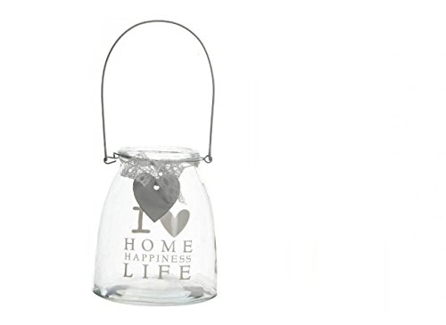 DonRegaloWeb Runder Teelichthalter aus Glas und Metall in Weiß I Love Home, Happiness, Life, 15 x 10 x 5 cm von DonRegaloWeb