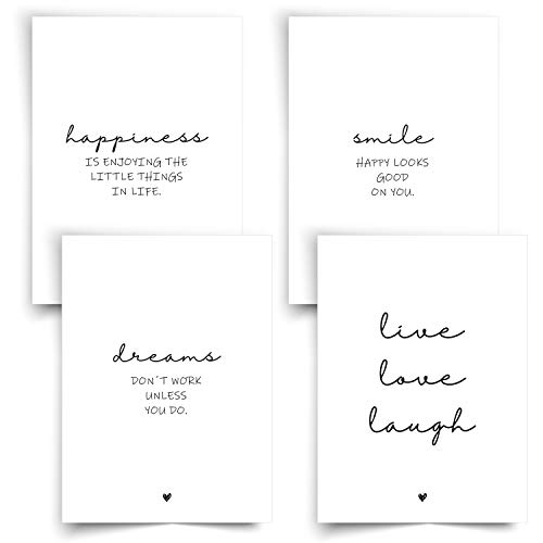 Donari® Poster Set Schwarz-Weiß 21x30 Kunstdruck Happiness • Wandbilder Deko Wohnzimmer Smile • Wanddekoration Wohnzimmer • Bilder mit Sprüchen von Donari