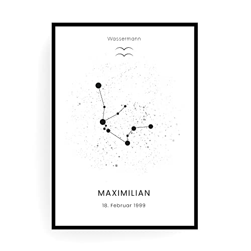 Donari® Sternzeichen Poster zum Personalisieren in A4 & A3 ohne Rahmen | Sternzeichen Wandbilder | Schwarz Weiß Kunstdruck personalisiert | Personalisierte Geschenkidee (A4, Wassermann) von Donari