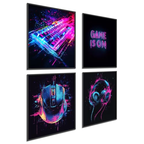 Donari Poster Gaming 4er-Set - Gaming Bild als Deko für Gamingzimmer - Wand Dekoration für Zocker Zimmer Led Optik Set A4 Bilder mit oder ohne Rahmen (Motiv 3, 30x40 cm, Ungerahmt) von Donari
