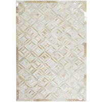 Echtfell Teppich in Creme Weiß und Goldfarben Patchwork Design von Doncosmo