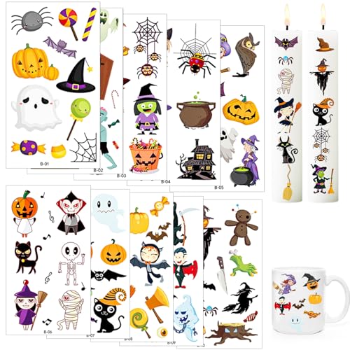 10 PCS Kerzentattoo,6.8x12cm Wassertransferdruck, DIY asserschiebefolie Kerzen,wasserschiebefolie Kerzen,Kerzenfolie,kerzenaufkleber Sticker,Halloween Kerzen dekorieren (Halloween) von Dondeen