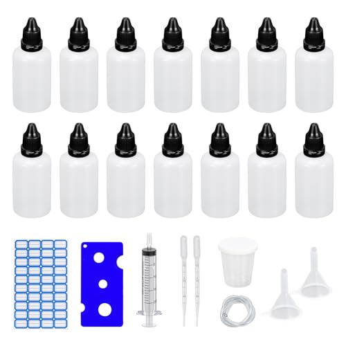 Dondeen 14 Stück Tropfflasche 50ml,Plastikflaschen Reiseflasche Quetschflaschen LiquidFlaschen,Trichter Messbecher Etiketten Transfer Pipette Spritzen für Liquids (50ml) von Dondeen