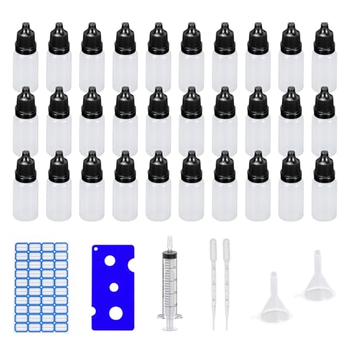 Dondeen 30 Stück Tropfflasche 10ml,Plastikflaschen Reiseflasche Quetschflaschen LiquidFlaschen,Trichter Etiketten Transfer Pipette Spritzen für Liquids (10ml) von Dondeen