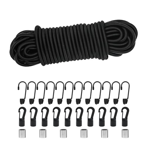 Expanderseil Gummiseil 6mm 15m Schwarz, Elastisches Expanderseil Gummischnur Gummikordel Gummiband Planenseil Spannseil mit Haken Zubehör DIY Wohnwagen Fracht Handwerk Rack (schwarz, 6mm*15m) von Dondeen