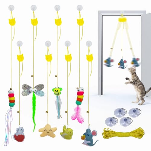 Interaktives Katzen-Federspielzeug mit Katzenminze und Glocken, einziehbares hängendes Design, Selbstspielspaß für Kätzchen, Katzen, fördert Bewegung, geistige körperliche Stimulation, Stressabbau für von Dondeen