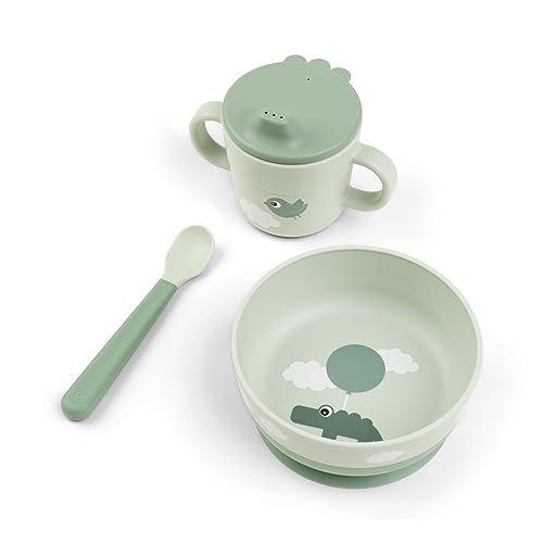 Done by Deer Foodie First Meal Set Happy Clouds Green – kinderfreundliches Material & Design – Schüssel mit Saugfuß, Becher und Fütterlöffel inklusive – leicht zu reinigen – ideal für erste Mahlzeiten von Done by Deer