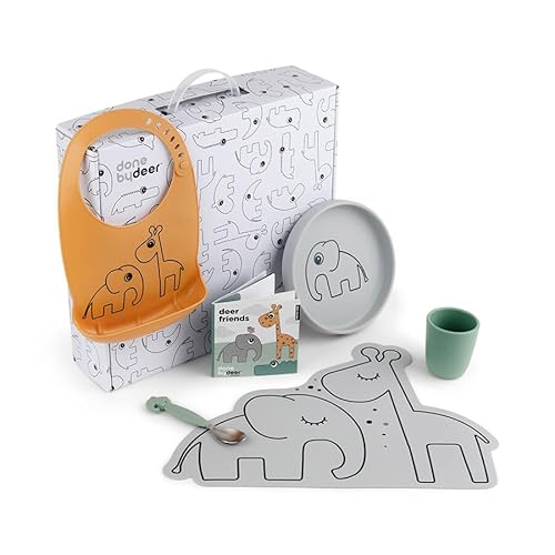 Done by Deer Geschenkbox Dinnerset Farbmix - Kinder Geschirr-Set mit Silikon Kinderteller, einen Silikon mini Trinkbecher, ein Silikonlätzchen, eine Platzdeckchen und einen Easy-grip Löffel von Done by Deer