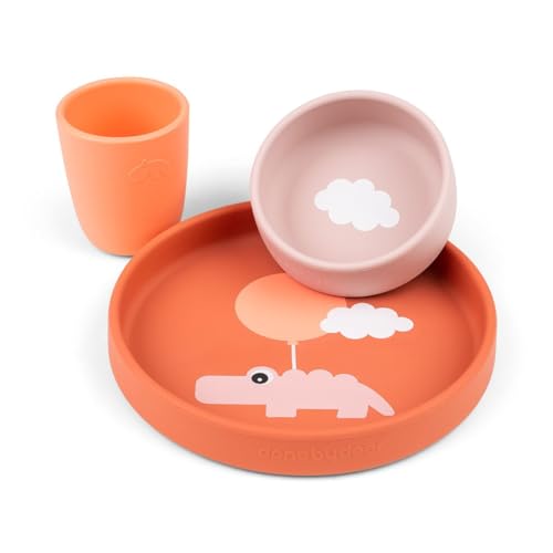Done by Deer Silikon Geschirr-Set Happy clouds Papaya - Kinderteller Ø18, Schüssel Ø10 und Trinkbecher aus 100% Silikon in Lebensmittelqualität von Done by Deer