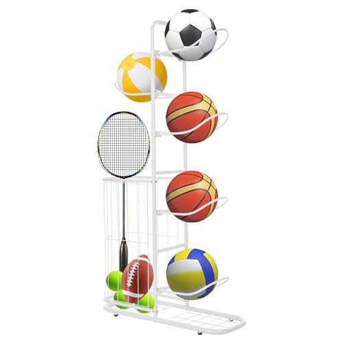 Donened - Ball Halterung, Ball Aufbewahrungsregal mit 5 Ball Ständer & Körben, Vertical Ball Rack Halter, Zimmer Outdoor Sportgeräte Organizer für Basketball, Fußball, 58 x 23.5 x 116cm (Weiß) von Donened