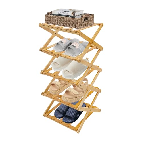 Donened - Schuhregal Schmal 5 Ebenen, Bambus Faltbare Schuhe, Multifunktionale Schuhregal, für Wohnzimmer, Schlafzimmer, Veranden (Log Color) von Donened