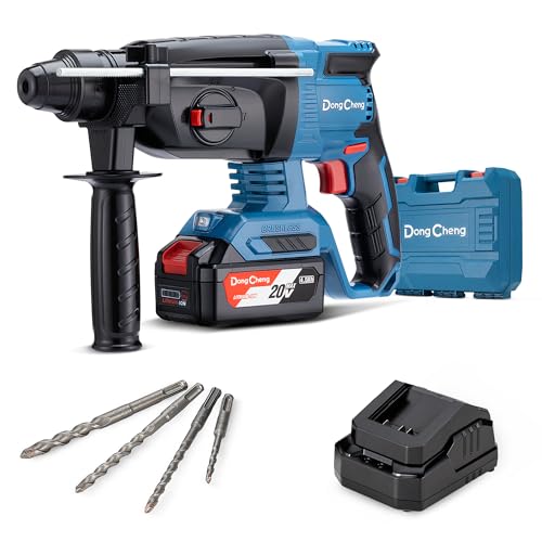 DongCheng Akku Bohrhammer 18V, Schlagenergie 2.7 J, mit 4 Stück SDS-plus, Bohren bis 28 mm, Bürstenloser Bohrhammer Motor, Anti-Vibrationsgriff, inkl. 4Ah Akku und 2A Ladegerät im Handwerkerkoffer von Dong Cheng