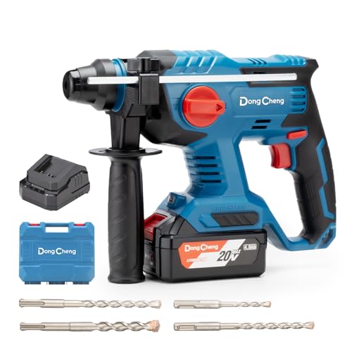 DongCheng Akku Bohrhammer 18V, Schlagenergie 2.1 J, mit 4 Stück SDS-plus, Bohren bis 28 mm, Bürstenloser Bohrhammer Motor, Anti-Vibrationsgriff, inkl. 4Ah Akku und 2A Ladegerät im Handwerkerkoffer von Dong Cheng