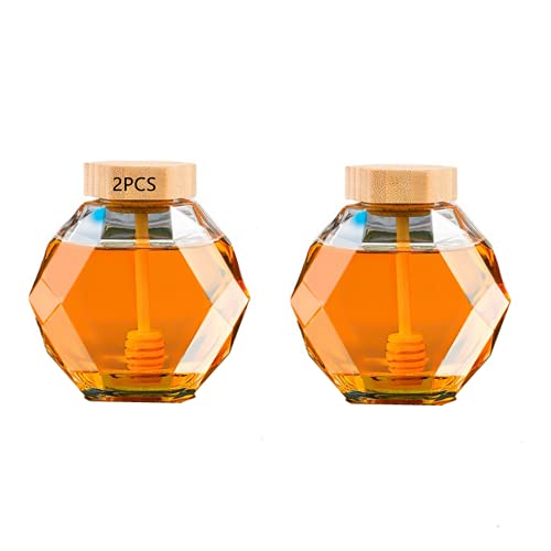 2 Stück kristallförmige Honiggläser aus Glas, Holzdeckel mit Dipper, Glas-Honigspender, 380 ml, geeignet für Aufbewahrungsbehälter in der Küche von DongAi