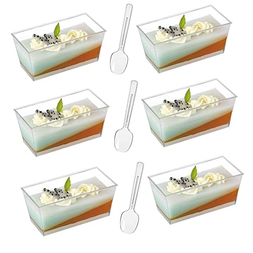 50 Pcs Mini Plastik Square Dessert Cup, 4.75oz transparentes quadratisches Schnapsglas, für Gelee Joghurt Pudding Mousse Eis (mit 50 Scoops, wiederverwendbar) von DongAi