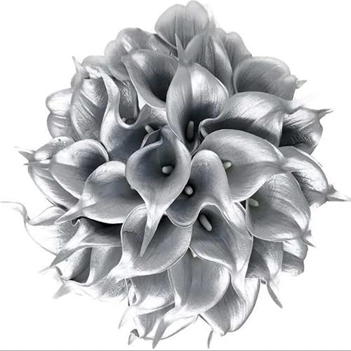 10 Stück Silbrig Calla Lily Simulation Blume Realistische Latex Calla Blume mit Weichem PU Stiel verwendet für DIY Hochzeitsstrauß, Familien-Blumenarrangement, Party-Dekoration von DongAi