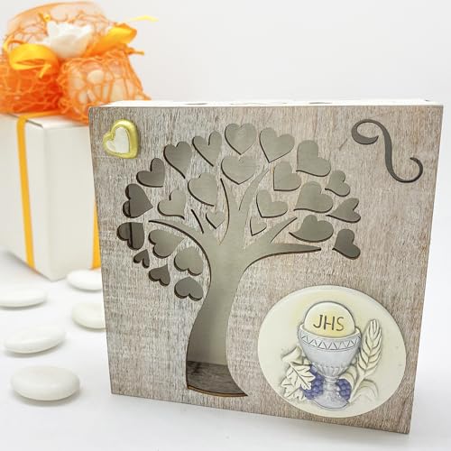 Doni Bomboniere (6 Stück Gastgeschenk Kommunion Mädchen Gadget Holz Erstkommunion Kind Sakrament Baum des Lebens LED-Licht Symbole Kelch Hostie Wirtschaftlich Holz Holz DIY Ideen Geschenkbox von Doni Bomboniere