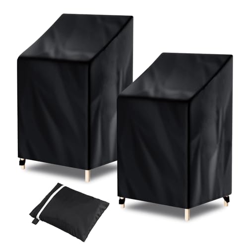 Donken Gartenstuhl Abdeckung, 2 Stück Stapelstühle Schutzhülle Oxford Winterfest, Wasserdicht, UV-Beständig Gartenstühle Abdeckplane mit Kordelzug & Klettverschluss, 70x75x85/120cm von Donken