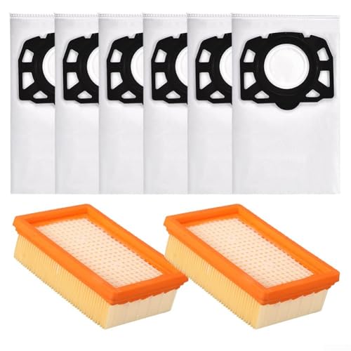 Donkivvy Staubsaugerbeutel & Flachfaltenfilter passend für Kärcher WD4 WD5 WD6 MV4 MV5 MV6 WD5P WD6P KFI 4410 KFI 487 Nass- und Trockensauger (6 Staubbeutel + 2 HEPA-Filter) von Donkivvy