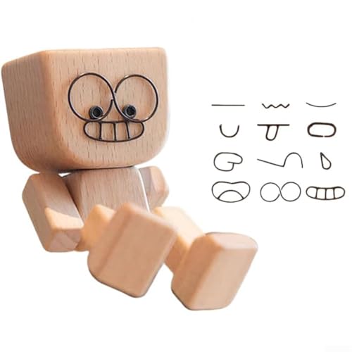 Shaking Wooden Man Figur, Handmade Shaking Feet Wooden Doll with 12 Expressions Decorations, Car Dashboard Ornaments, Shakings Feet Wooden Dolls von Donkivvy