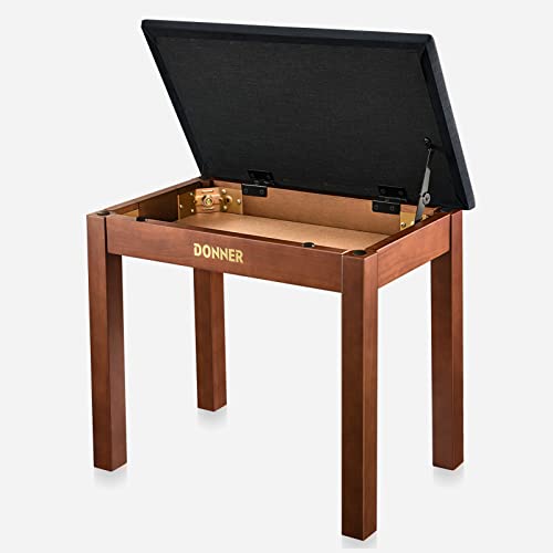 Donner Klavierbank mit Stauraum, Massivholz Tastaturbank Klavierbuchcase Hocker Sitz mit Hochdichtem Wildlederkissen, Braun von Donner