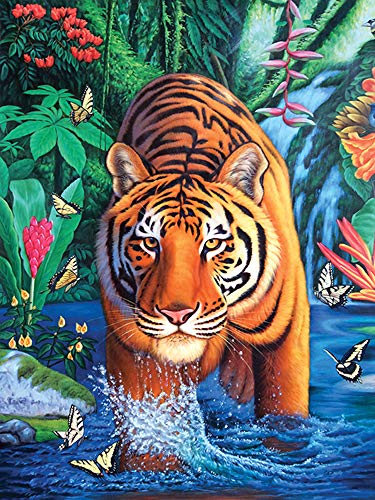 Donnti DIY 5D Diamond Painting Zubehör Tiger, 5D Diamant Painting Bilder Kits Tier, Vollrundbohrkristall Crystal Craft für Home Stickerei Set Kreuzstich Bilder Wall Decoration 30x40cm. von Donnti