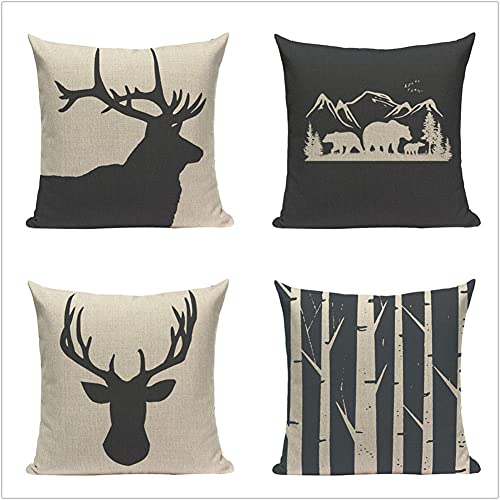 4er Set Kissenbezug 45x45cm Hirsch Schwarz Weiß Kissenhülle Baumwoll Leinen Werfen Sie Kissenbezüge Dekorative Dekokissen für Schlafzimmer Wohnzimmer Schlafsofa mit Verstecktem Reißverschluss 18x18in von Donpeer