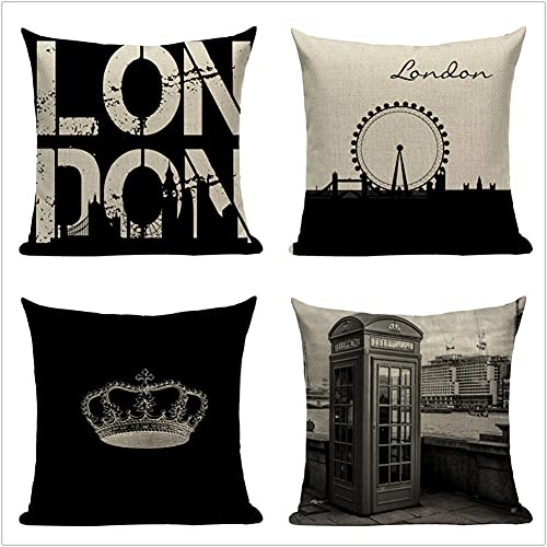 4er Set Kissenbezug 45x45cm Schwarz-Weiß-London Kissenhülle Baumwoll Leinen Werfen Sie Kissenbezüge Dekorative Dekokissen für Schlafzimmer Wohnzimmer Schlafsofa mit Verstecktem Reißverschluss 18x18in von Donpeer