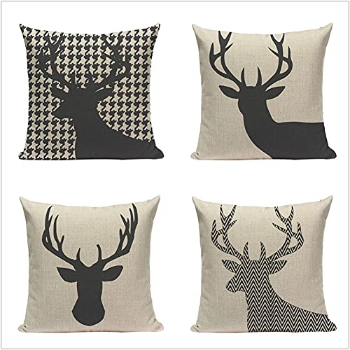 4er Set Kissenbezug 55x55cm Hirsch Schwarz Weiß Kissenhülle Baumwoll Leinen Werfen Sie Kissenbezüge Dekorative Dekokissen für Schlafzimmer Wohnzimmer Schlafsofa mit Verstecktem Reißverschluss 22x22in von Donpeer