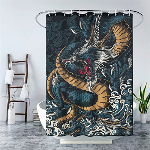 Duschvorhang 180x180cm,Duschvorhänge Wasserdichter Anti-Schimmel Shower Curtains mit 12 C-Ringe,Verdickter Stoff,Waschbar Stoff Polyester 3D Duschrollo Badewanne Badezimmer Dekor Dunkelblauer Drache von Donpeer