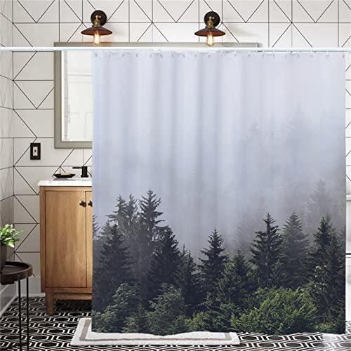 Duschvorhang 90x180cm ,Duschvorhänge Wasserdichter Anti-Schimmel Shower Curtains mit 12 C-Ringe,Verdickter Stoff,Waschbar Stoff Polyester 3D Duschrollo Badewanne Badezimmer Dekor Landschaft Waldgrün von Donpeer